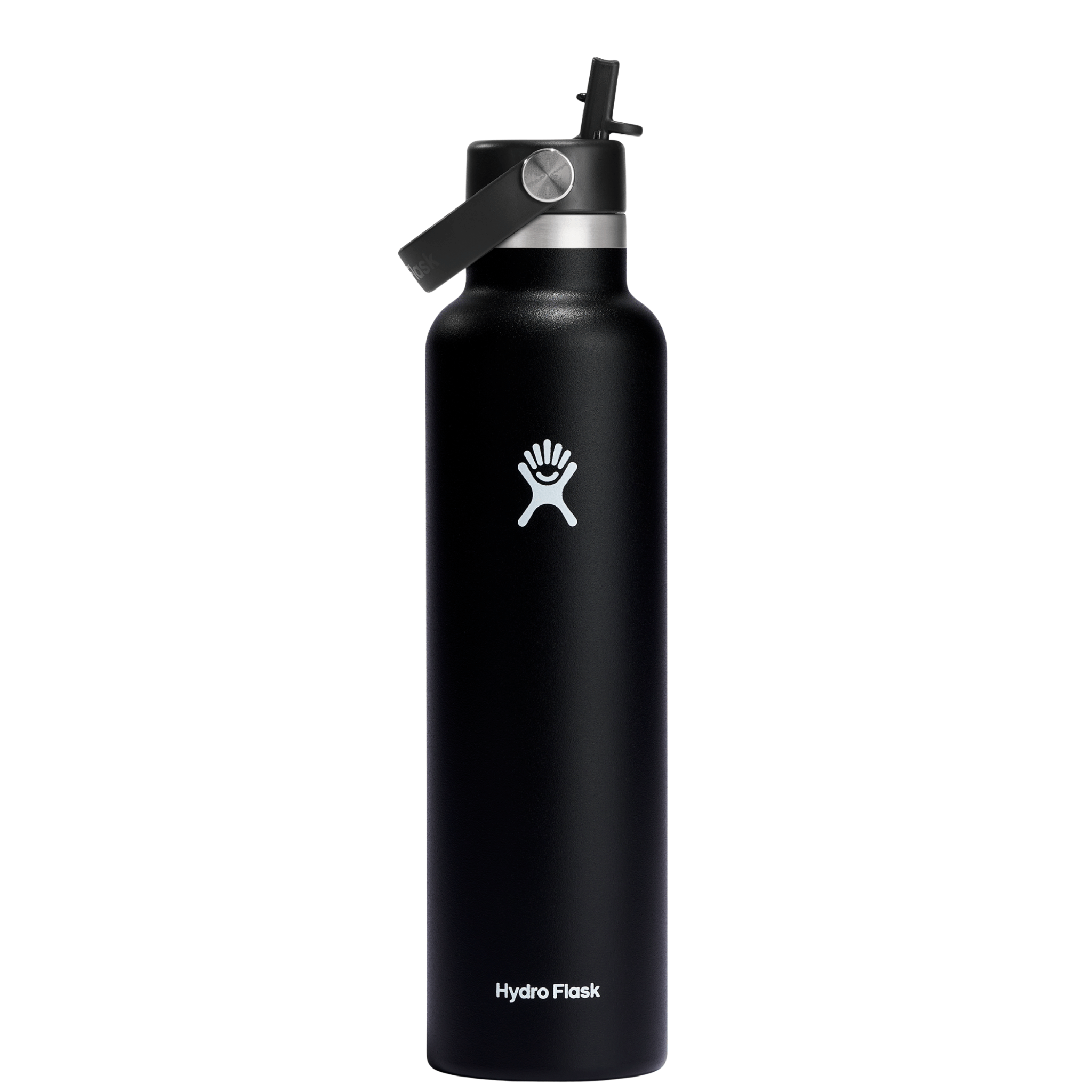 Black Hydro Flask water bottle with a white logo on a white background